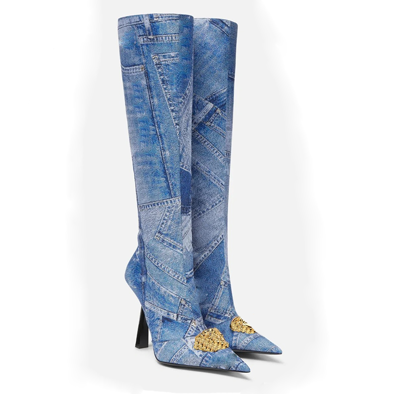

Denim Knee Boots Designer Kim Jones FF print series womens shoes Classic elements medusa Decorative buckle Bootie Top quality 10CM Stiletto heels 35-42 withbox boot, Blue