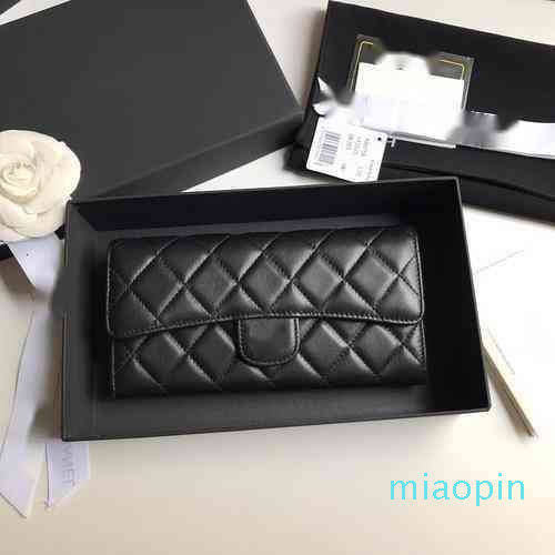 

Luxury Brand design A80758 Letter plaid CC chain Clutch lambskin diamond pattern pouch women's le boy Long wallet Real Leather, Black