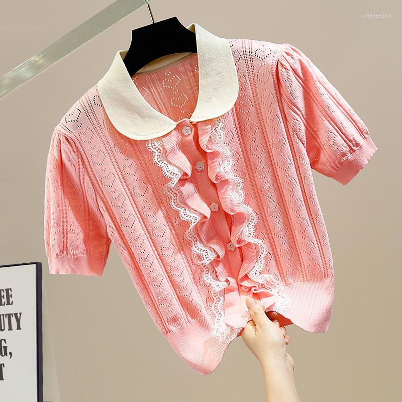 

Women's Knits & Tees Sweet Pleated Lace Lacework Knitting Shirt Women Hollow Out Single-Breasted Short Sleeve Knitted Cardigan Summer Thin K, Pink