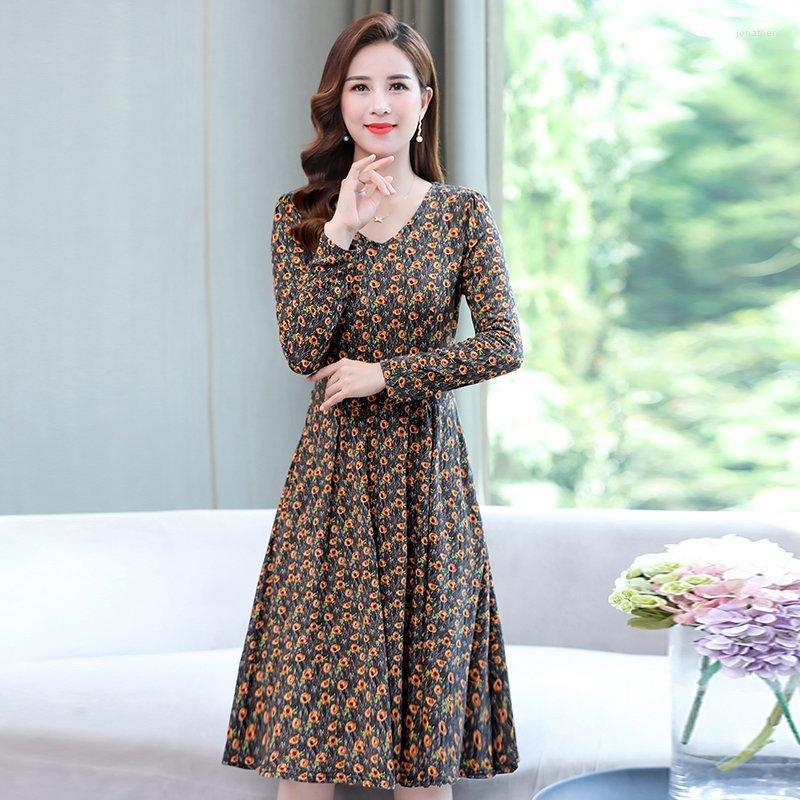 

Plus Size Dresses Floral Print Long Sleeves Women 2022 Casual Spring Autumn V-Neck High Wasit Ladies Dress Female Pullovers Tops Jona22, Orange