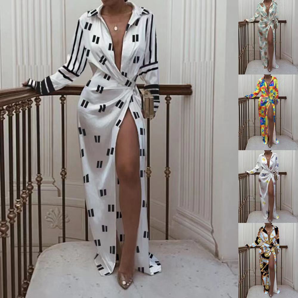 

spring Autumn Casual dresses for women Womens Shirt Dress Chain Print Lapel Low collar Party Dress long Sleeve Oversized High fork exposed thigh sexy, #1