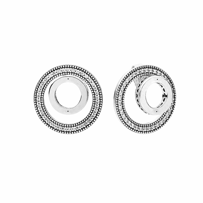 

925 Sterling Silver Logo Circle Stud Earring Full CZ diamond Womens Wedding Gift with Original box set for Pandora Earrings