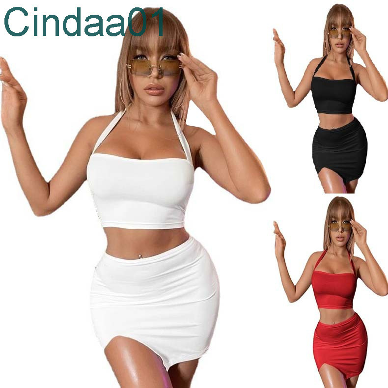 

2022 Summer New Womens Wear Two Piece Dress Outfit Hanging Neck Vest Sexy Tight High Waist Bag Hip Split Skirt Suit XS-XXL, Red