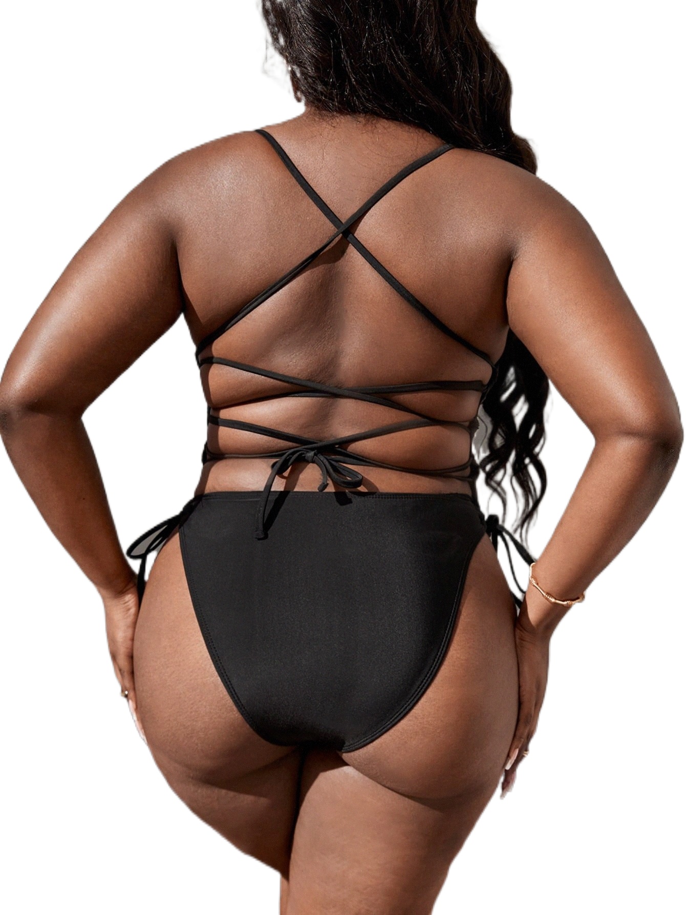 

plus Lace Up Backless Tie Side One Piece Swimsuit S9T9#, Black