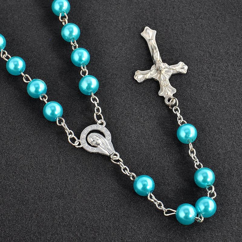 

Chains 8mm Religious Jesus Christ Women Glass Beads Long Pendant Cross Rosary NecklaceChains
