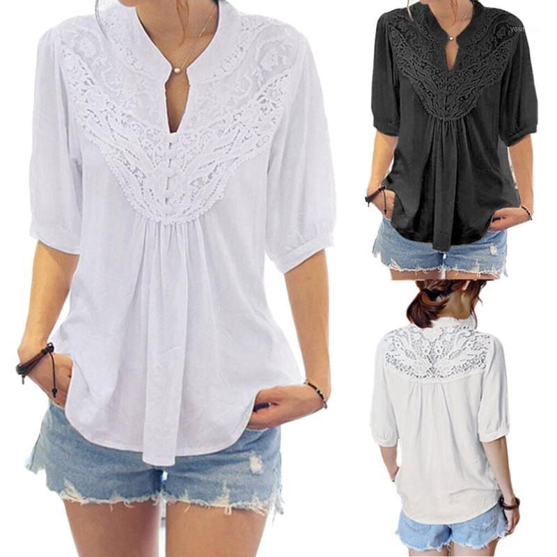 

Women' Blouses & Shirts Women Hollow Out Lace Blouse Shirt Blusas Femininas Sexy Club Vintage Patchwork Half Sleeve White Tops 2XL, Black