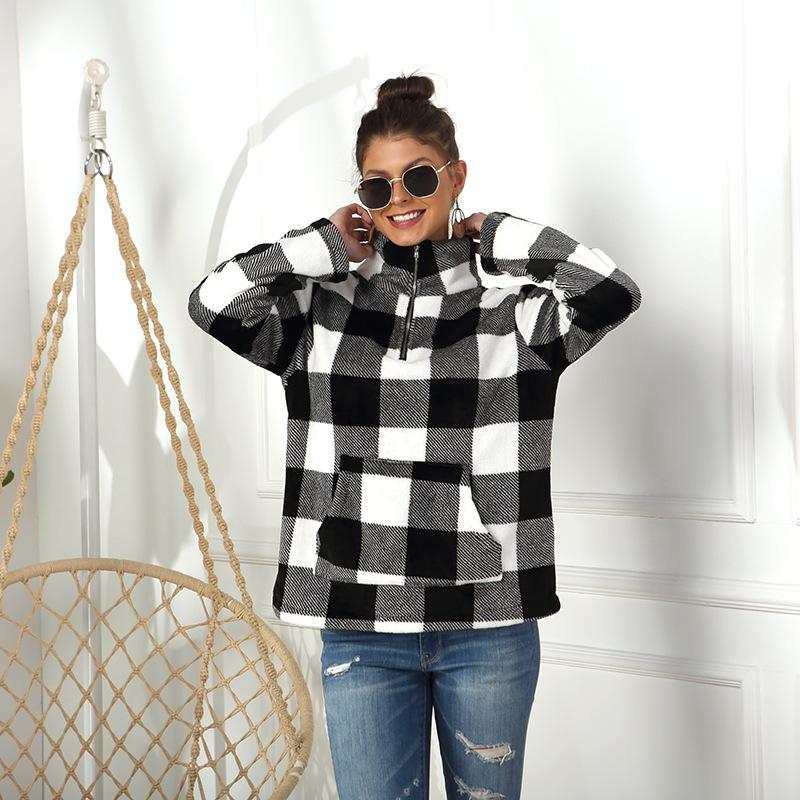 

Women' Hoodies & Sweatshirts Big Checkerboard Pullover Women Lapel Half Zip Up Loose Casual Pullovers With Pocket Long Sleeve Autumn Clothi, Gray