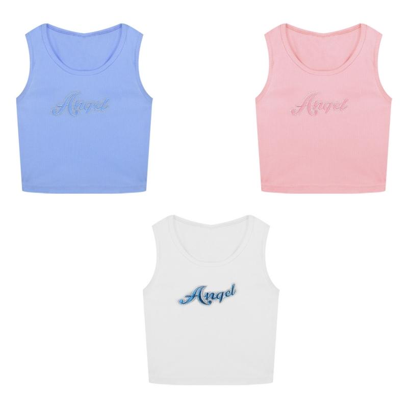 

Women' Tanks & Camis Women Ribbed Knit Sleeveless Crop Tank Top Korean Style Letters Embroidery Solid Color Mini Vest Slim Fit Workout Shir, Blue