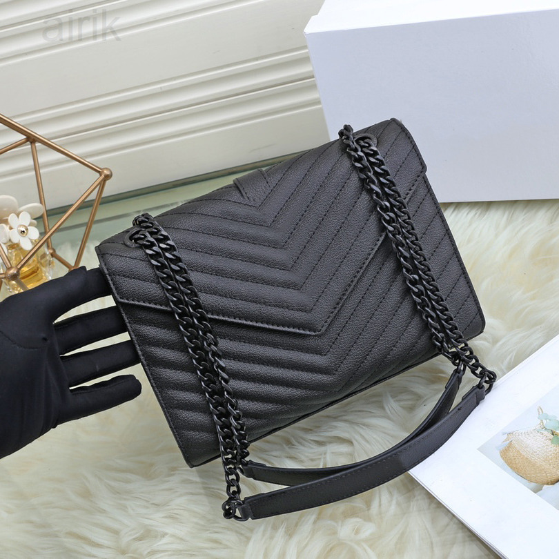 

New Double Chain Shoulder Bag Medium Flap Leather V Quilted Fashion Envelope Bag Womens Elegant Universal Totes Ladies New Designer, Black