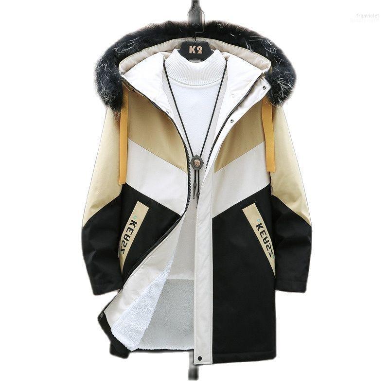 

Men's Fur Collar Windbreaker Thickened With Velvet Hooded Jacket Printed Overcoat Casual Long Trench Coat Male M- Coats Fran22, Red