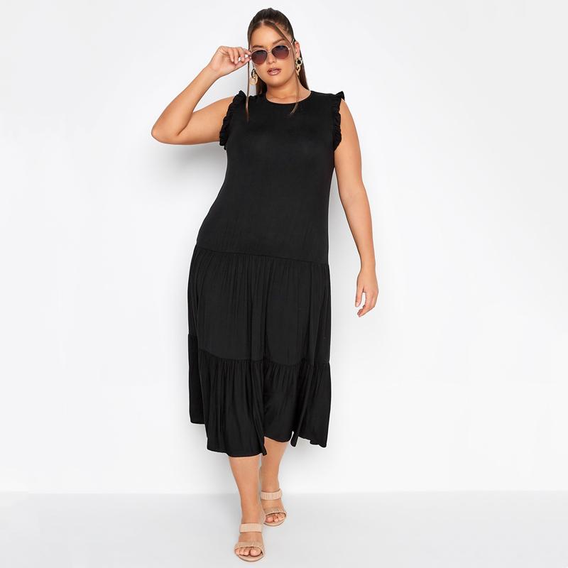 

Plus Size Dresses Sleeveless Summer Elegant Maxi Smock Dress Women Frill Sleeve Long Fit Flare Chic Tank Casual Beach 8XLPlus, Black