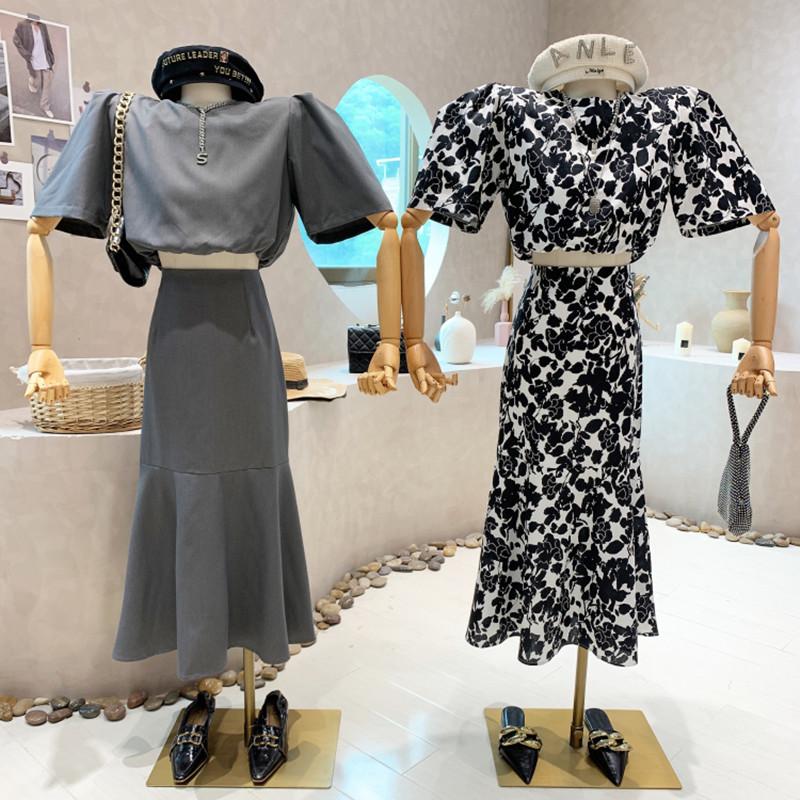 

Work Dresses Niche Design Women's Clothing 2022 Summer Retro Fashion Top Slim Wrap Hip Fishtail Skirt Two-piece Set, Gray