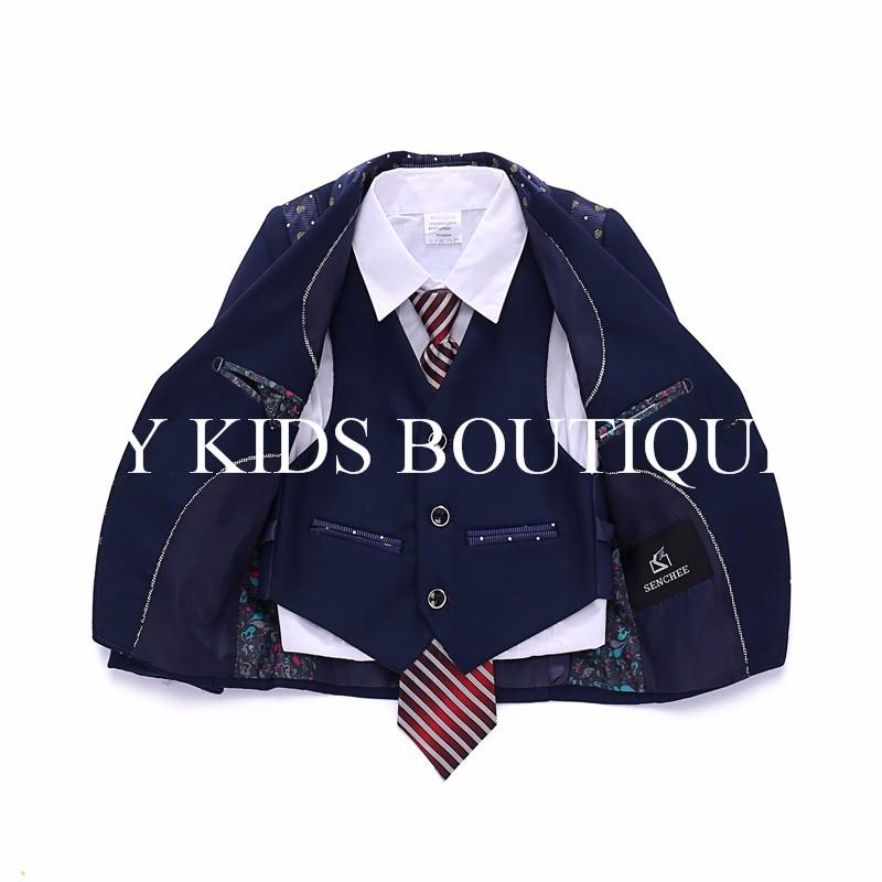 

Clothing Sets Vest Blazer Pants Tie 2022 Boutique Gentleman Style Boys Wedding Suits Long Sleeves Kids Formal SetsClothing, Navy blue