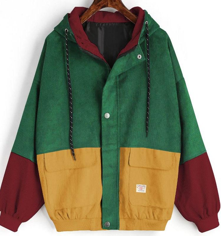 

Men' Jackets Color Block Patchwork Corduroy Hooded Men Hip Hop Zipper Up Hoodies Coats Male Casual Streetwear Outerwear, Green