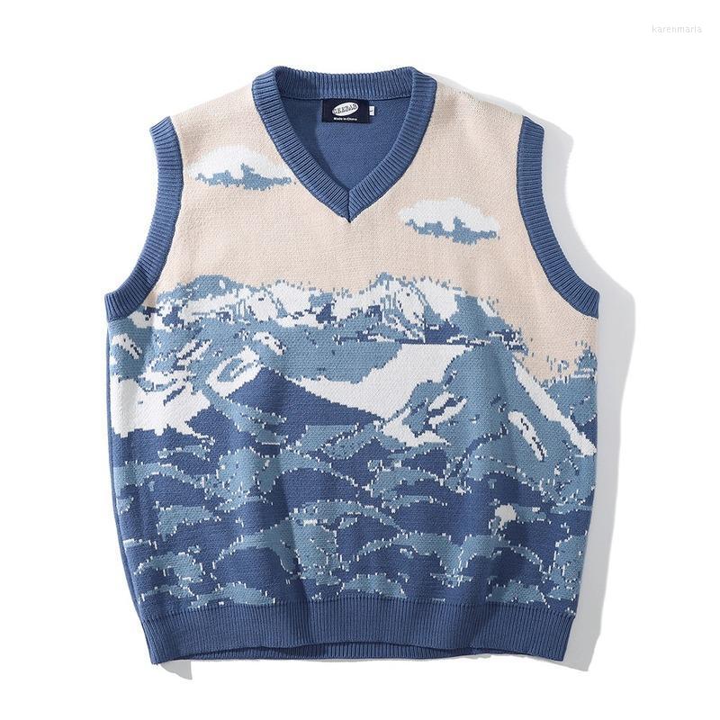 

Men's Vests Snow Mountain Jacquard Color Matching Sweater Vest Men Ins Street Fashion Brand Loose V-neck Sleeveless Waistcoat Kare22, Blue
