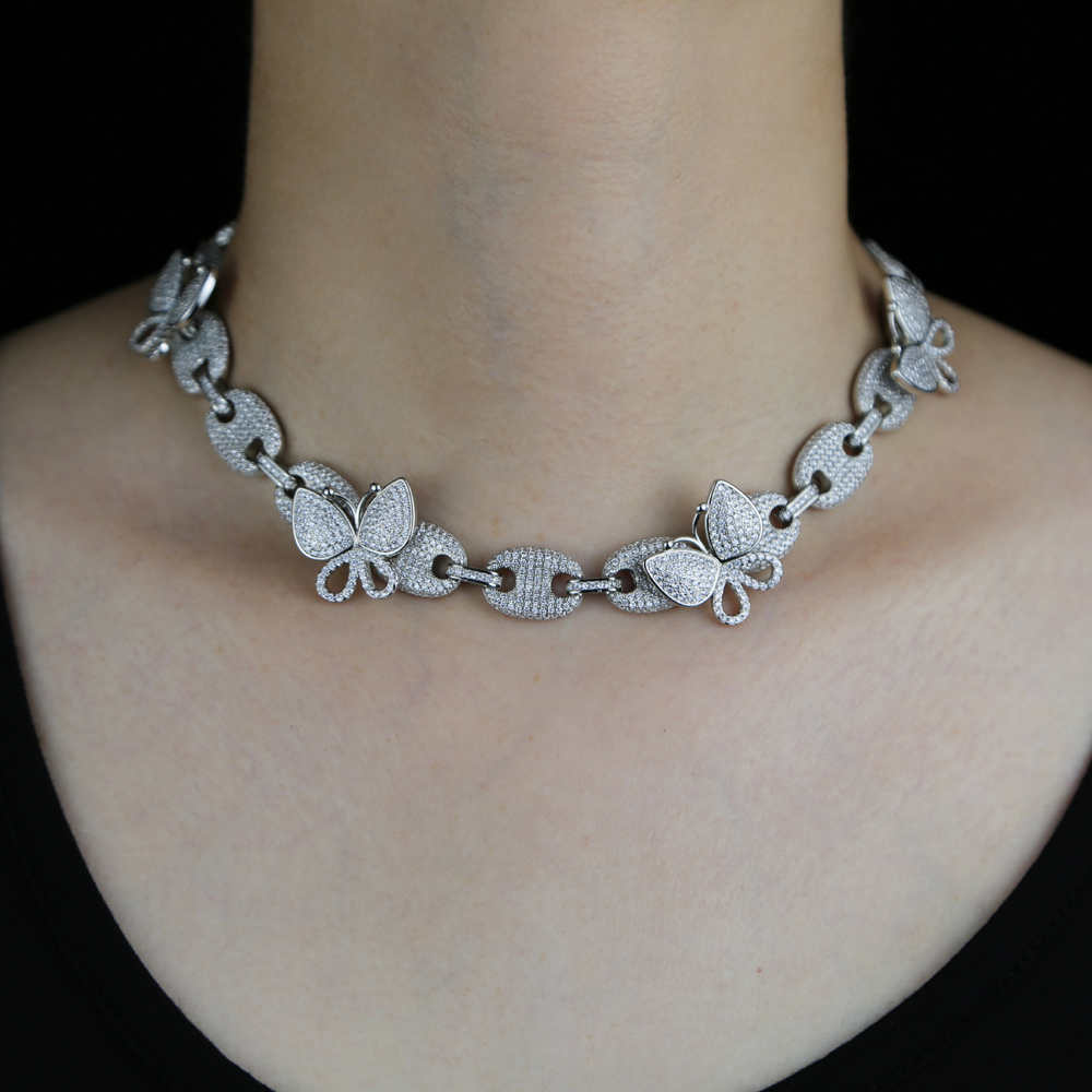 

Iced Out CZ Coffee Bean Link Butterfly Necklace Punk Choker Rose Gold Pink CZ Bubble Chain Bling Hip hop Fashion Women Jewelry