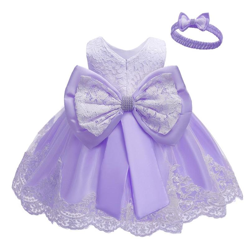 

Girl's Dresses Baby Girls Dress Bow Send Hairband Tutu Skirt Lace Girl 1st Birthday Party Princess Wedding DressGirl's, Purple4