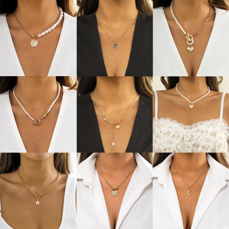 

Pendant Necklaces Lacteo Bohemian Gold Color Love Heart Star Moon Necklace For Women Trendy Pearl Collar Chain Choker Neck Jewelry Gifts