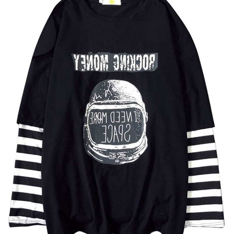 

Harajuku Female T-Shirts Autumn Women Long Sleeve t-shirt Casual Letter Printed Patchwork stripe Top Oversize black Streetwear 220321, Xian 184 hei