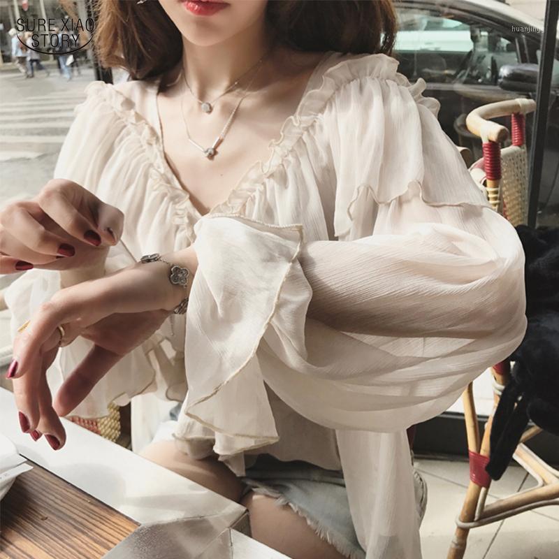 

Women's Blouses & Shirts Lantern Sleeve Boho Mesh Blouse Women Clothing 2022 Sexy V-neck Ruffle Elegant Peplum Ladies Tops Blusas 13459, Apricot
