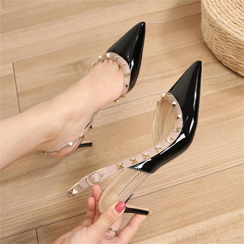 

Sandals Spring Summer Rivet Buckle High-Heeled Women's Pointed Toe 6 CM Stiletto Heel Fashion Women ShoesSandals, Nude