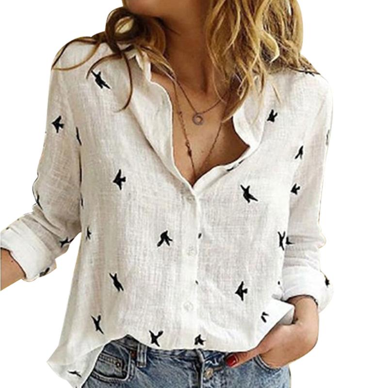 

Women' Blouses & Shirts Vintage Birds Print Cotton Linen Women Blouse Shirt Long Sleeve Turn-Down Collar Casual Loose Ladies Buttons TopsWo, Style 9