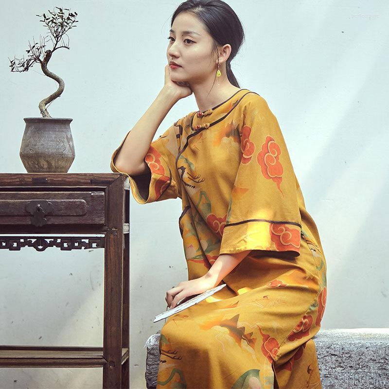 

Women's Knits & Tees 2022 Early Autumn Fragrant Cloud Gauze Loose Zen Atmosphere Improved Round Neck Wide Sleeve Cheongsam Robe Z20542 8 Per, Yellow
