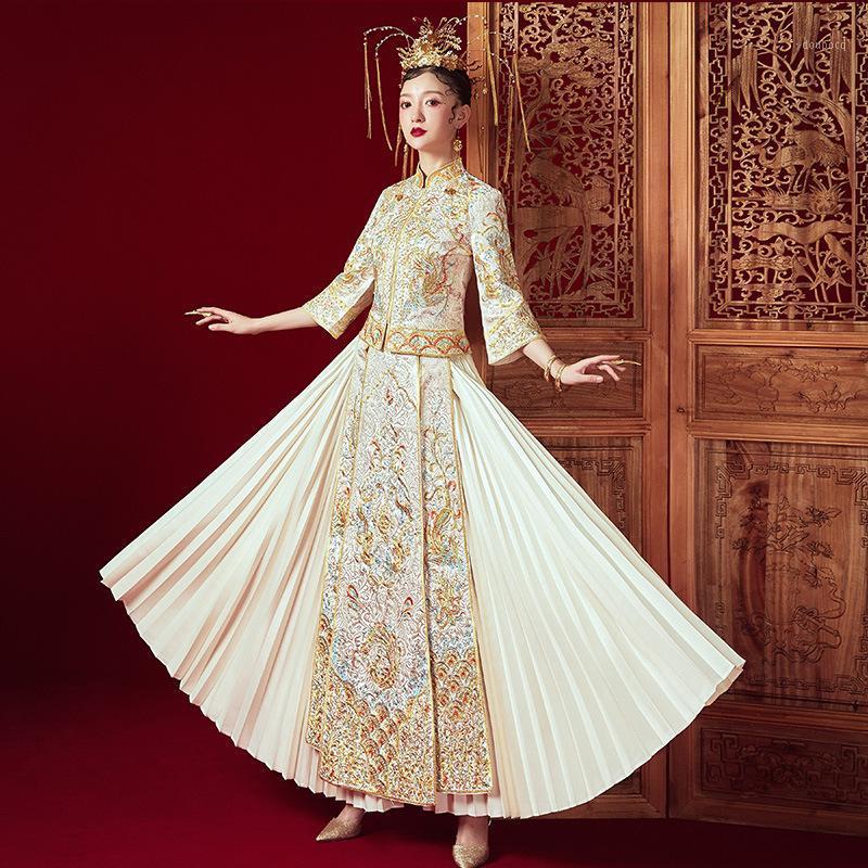 Robe de mariée chinoise Cheongsam Femmes traditionnelles Strass Broderie Mariage élégant Qipao Ensemble Robes de soirée Vêtements ethniques