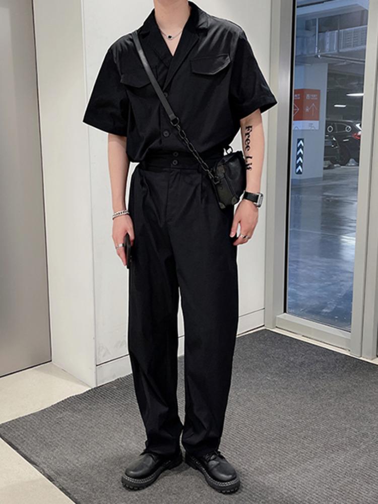 

Men's Tracksuits Men Clothing Short Sleeve Shirt Loose Causal 2022 Summer High Waist Pants Suit Korean Streetwear Fashion Two Pieces SetsMen, Black