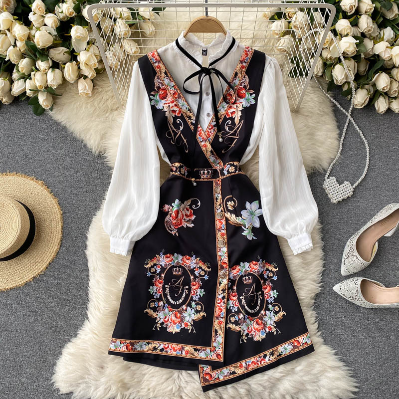 

2022 Spring Autumn Elegant 2 Piece Set Overalls Dress Women Bow Collar White Shirt Top+ Irregular Flower Print V-Neck Vest Dress, Same as picture