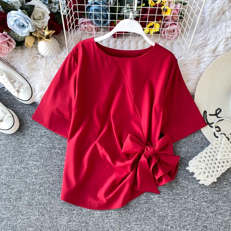 

Women's Blouses & Shirts Sweet Vintage Irregular Bow Lace-Up Chiffon Tops Women Summer Short Sleeve O-Neck Simple Solid All-Match 7 ColorsWo, Pink