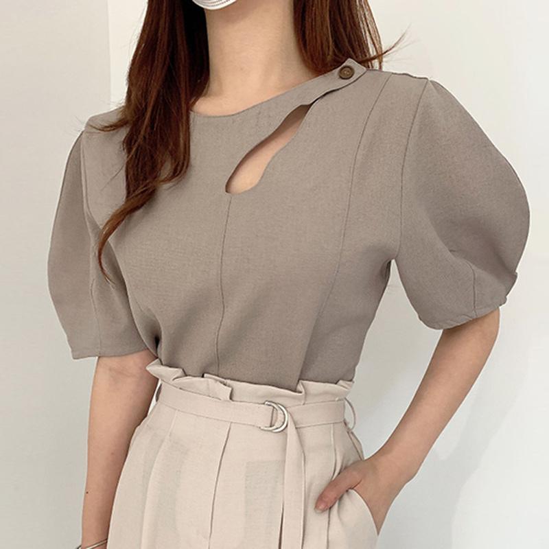 

Women's Blouses & Shirts Korean Chic O Neck Hollow Out Blusas Mujer Fashion Simple All Match Women Summer Solid Short Sleeve TopsWomen's, Light brown