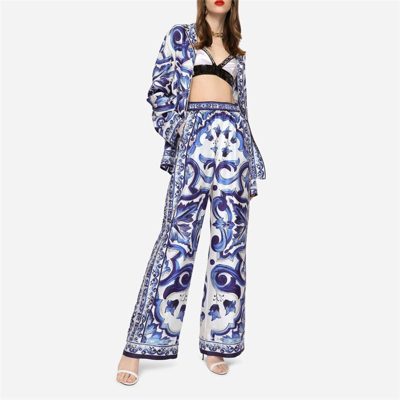 

Women' Two Piece Pants Summer Women' Poplin Majolica Print Trousers Set High Quality Lapel Tie Long Sleeve Shirt Elastic Highwaist Cas, Blue suit