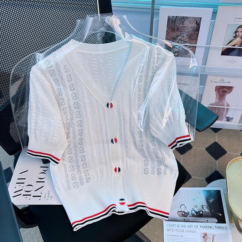 

Women's Sweaters Bling Rhinestones Knit White Color Women Cardigan Sweater Summer Short Sleeves Loose Single-Breasted Lady Tops ClothesWomen