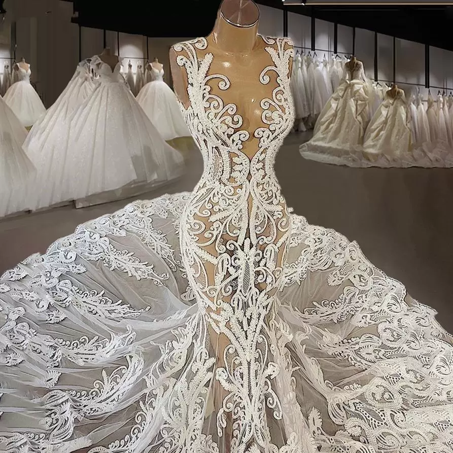 

2022 Mermaid Wedding Dresses Jewel Neck Bridal Gown Sexy Illusion Sleeveless Chapel Train Lace Applique Custom Made Beach Vestido de novia Plus Size, Ivory