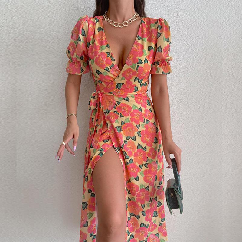 

Party Dresses Elegant Long For Women Female Sexy V Neck Retro Print Maxi Dress Spring Summer Streetwear Loose DressesParty