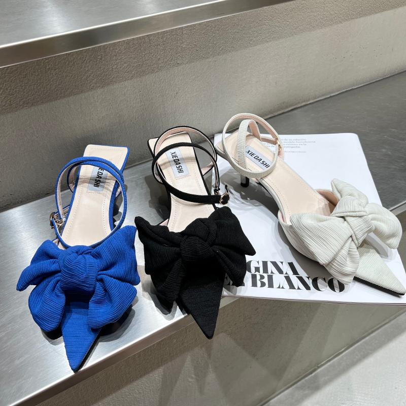 Sandales élégantes femmes bleu noir blanc grand nœud conception bride à la cheville été mince mi talons robe de soirée chaussures femme taille 39