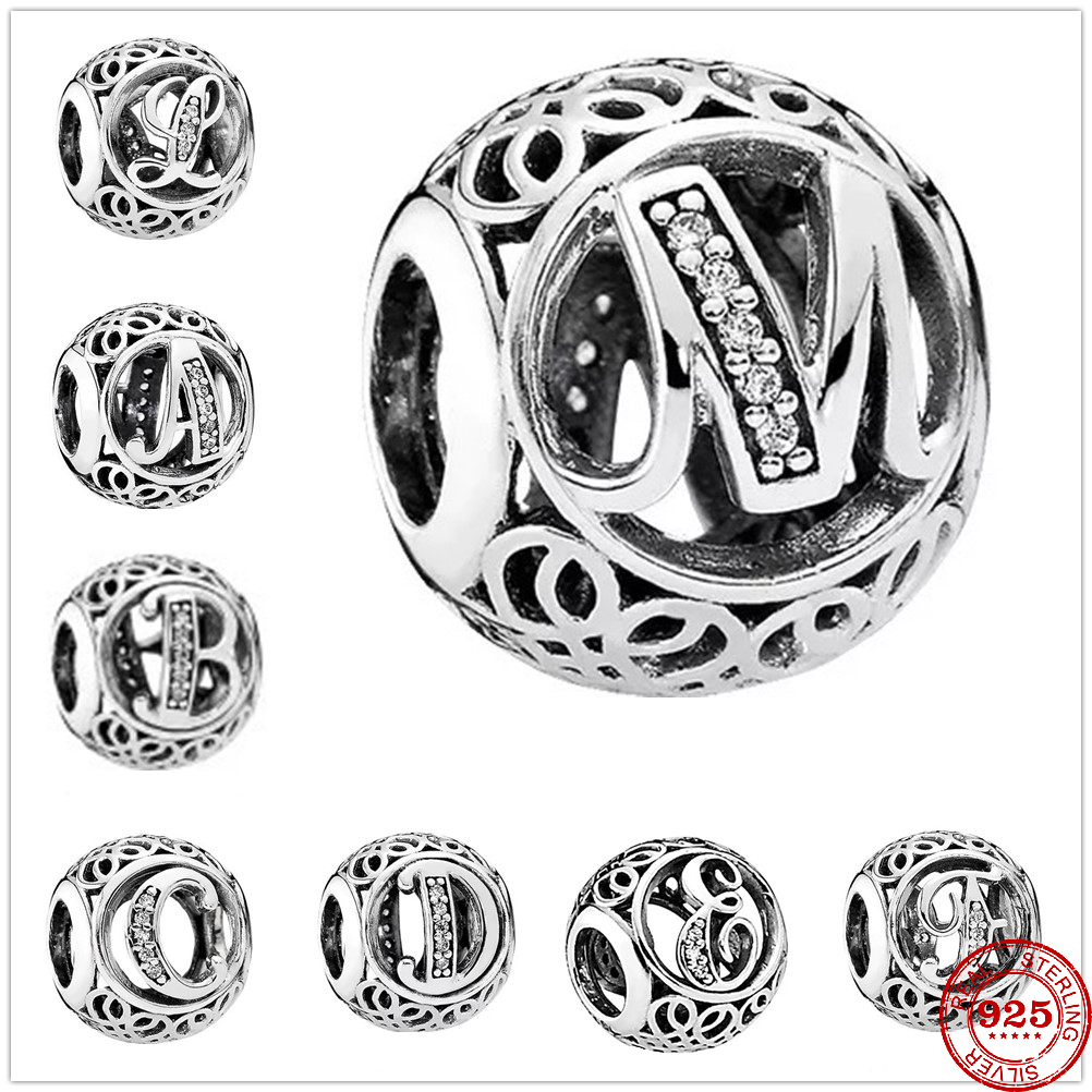 

925 Sterling Silver Dangle Charm Metal Beads 26 Letters Beads Bead Fit Pandora Charms Bracelet DIY Jewelry Accessories