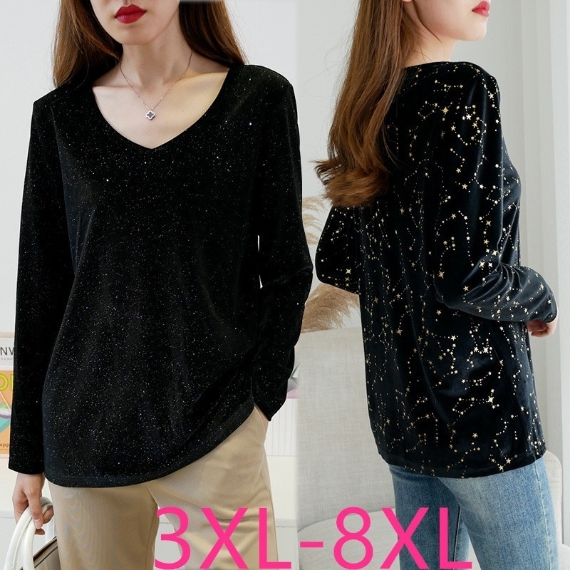 

new autumn winter plus size tops for women long sleeve casual loose V neck glittering T shirt black 3XL 4XL 5XL 6XL 7XL 8XL Y200412
