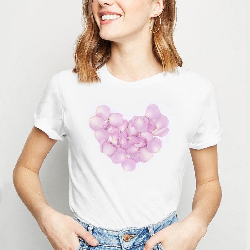 

Women's T-Shirt Fashion Summer Heart Tee Flower Print Crew Neck T Shirts Couple Short Sleeve O-Collar White Top Soft Comfortable Colthes, Pink petal