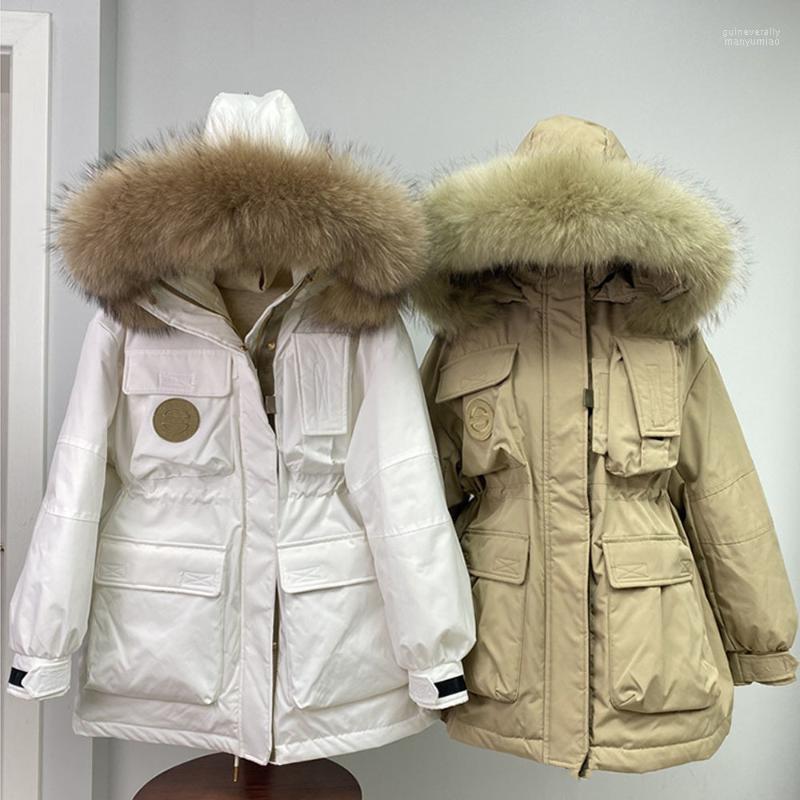 

Women' Down & Parkas 2022 Winter Women White Duck Jacket Thick Warm Female Pocket Hooded Windproof Loose Coat Real Raccoon Fur Guin22, Black