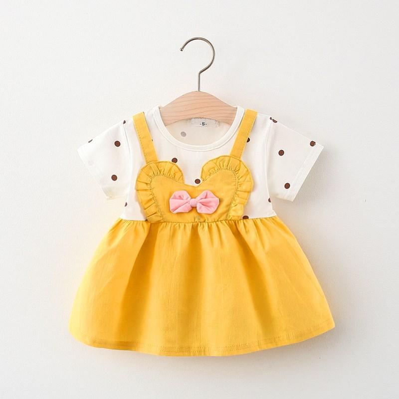 

Girl's Dresses Summer Baby Girl Strap Dress Bow Navy Style Fake Two Piece Kid Suit 6-24month Solid Color Knitted Children SkirtGirl's, Yellow
