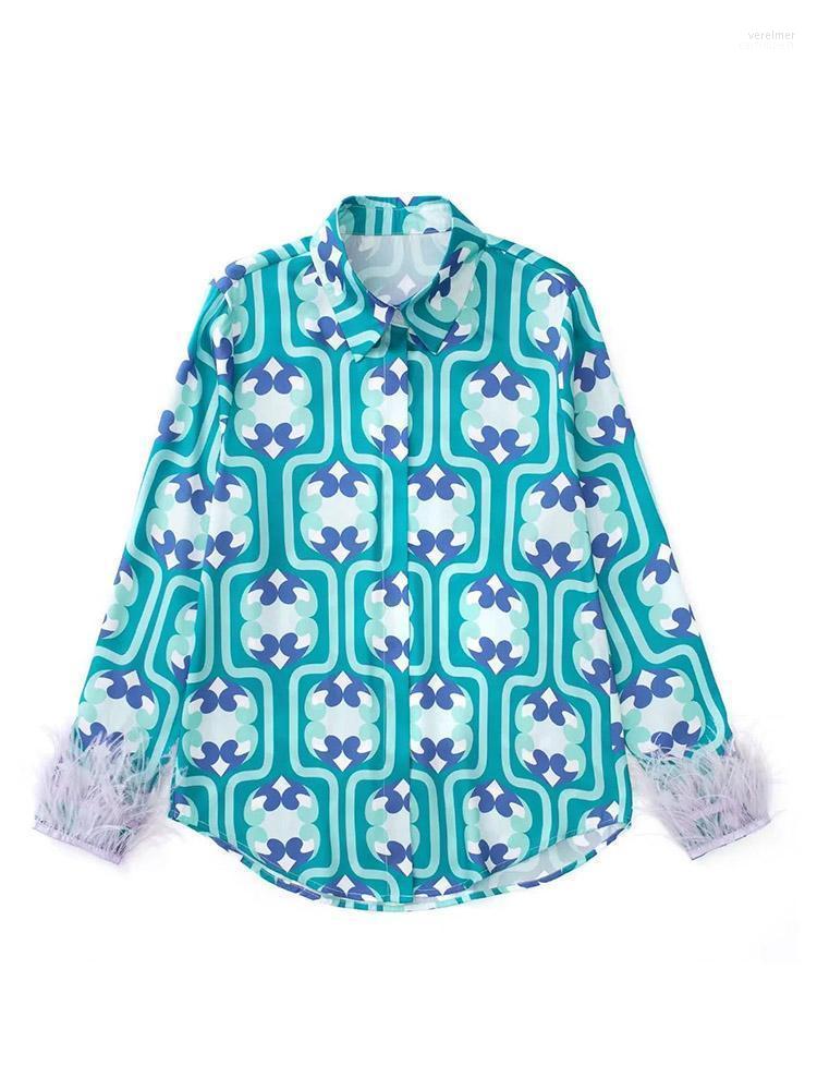 

Women's Blouses & Shirts Women Fashion With Feathers Printed Vintage Long Sleeve Button-up Female Blusas Chic Tops Vere22, Multi