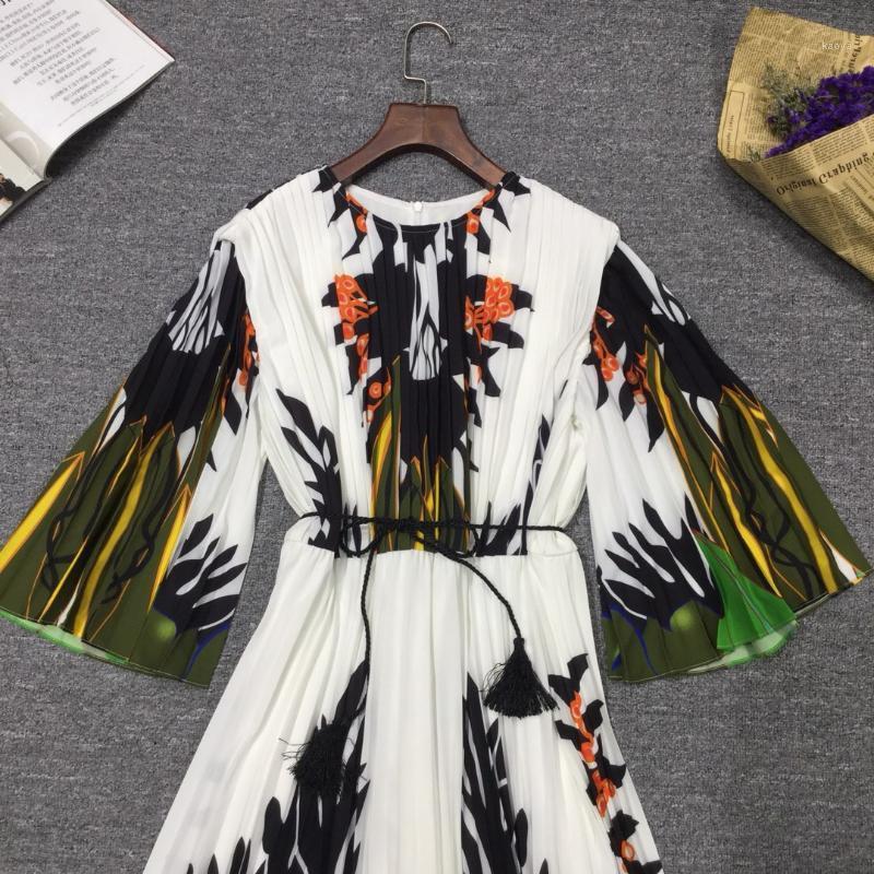 

Spring Runway Maxi Long Draped Dresses Women' Multicolor Flower Print Resort Female Pleated Robe Casual, Green