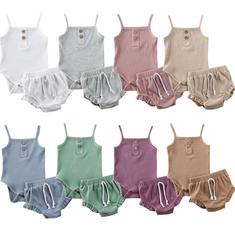 

Clothing Sets Toddler Baby Girls Clothes Pure Color Knitted Button Rompers Tops Shorts PP Pants Outfits 2PCS Summer Infabt ClothingClothing, Blue