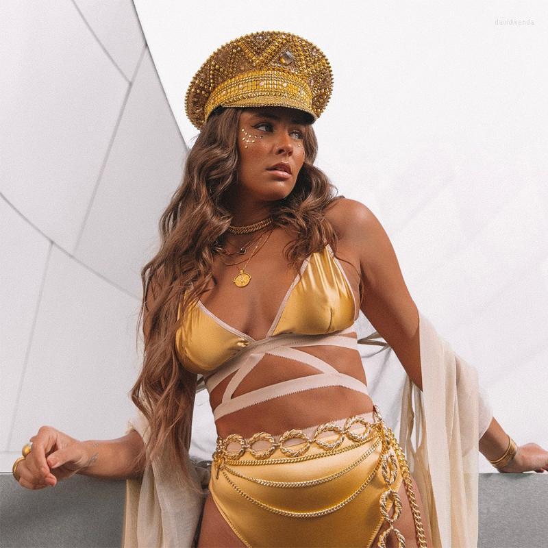 

Berets Fahsion Women Gold Sequin Burning Bride Military Hat Luxury Bridal Captain Sergeant Rhinestone Festival Birthday Part HatBerets Davi2, Gold without word