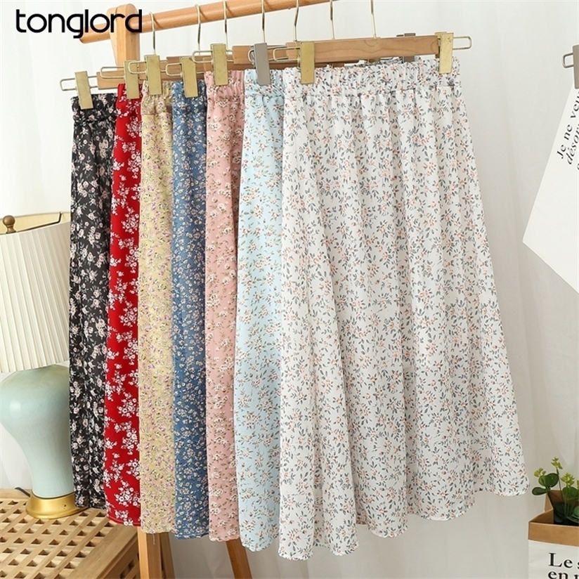 

Summer Skirts Vintage Floral Printed Chiffon A-Link Elastic High Waist Casual Midi With Lining For Beach 220322, Royal blue