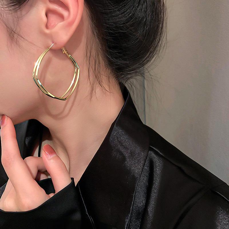 

Hoop & Huggie Silver Needle European And American Double-layer Simple Metal Sense Versatile Cold Wind Minority Design EarringsHoop