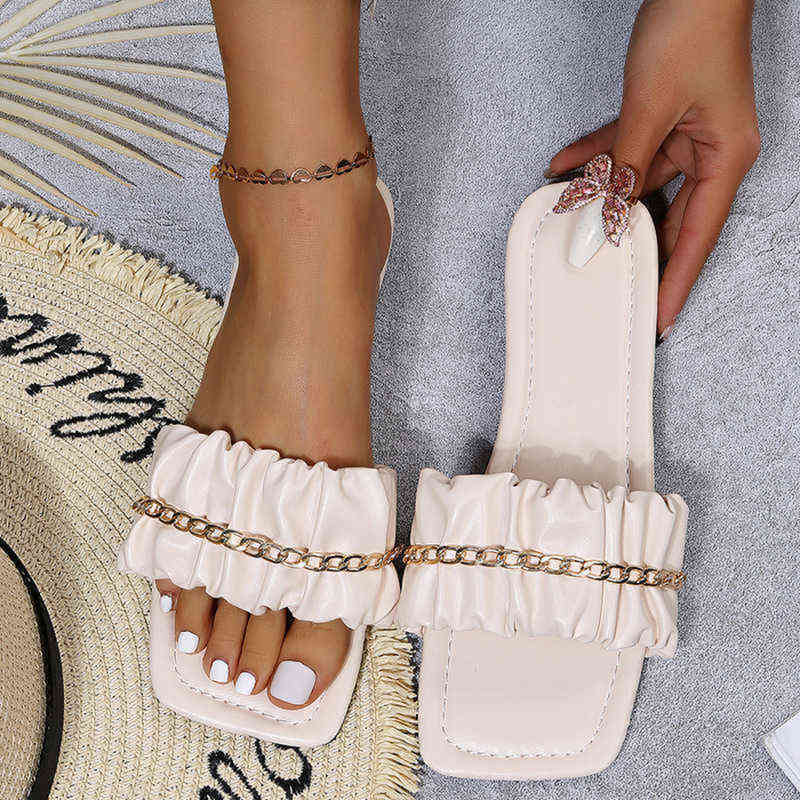 

Slippers Women's Sandals Summer Fashion Shoes Woman Design Pleated Outside Wear Non-slip Female Slides White Leisure 220530