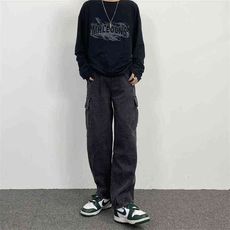 

FOJAGANTO Men' Spring Fashion Jeans Japanese Retro Washed Distressed Wide Leg Pants Hip Hop Loose Big Pocket Couple Jeans Male T220726, Black